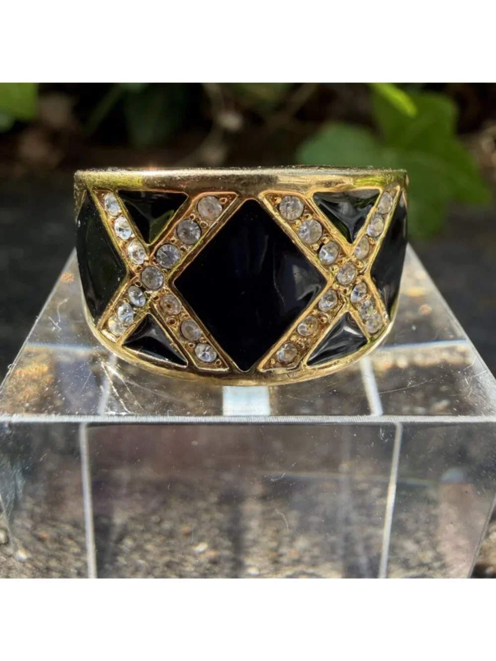 Avon Black Enamel Rhinestone XX Ring Size 8 Kisses Gold Tone Y2K Retro 2002